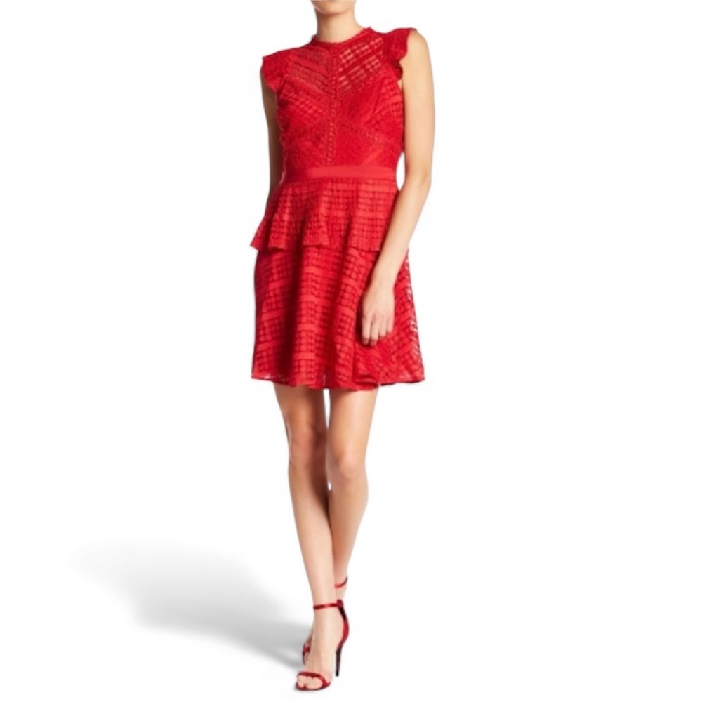 NWT Adelyn Rae Rouge Maeve Lace Peplum Dress Fit Flare Medium Red